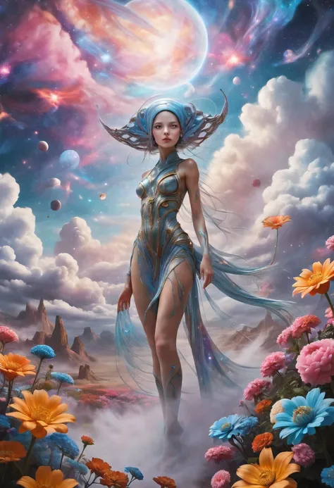 "((galactic)) scene portraying an alien girl surrounded by a symphony of clouds, splashes of vivid colors, and delicate flowers,...