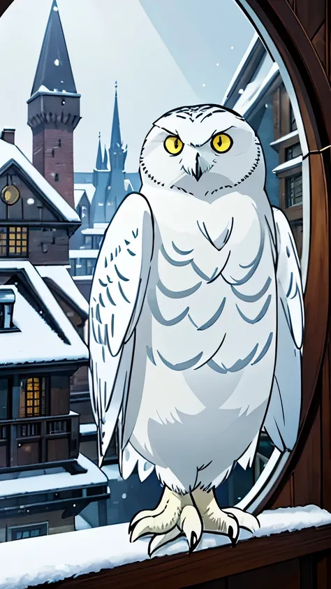 A white snowy owl stands on Harry Potter&#39;s windowsill，windowsill of old house，《Harry Potter and the Philosophers Stone》，Snowy Owl at Hogwarts，harry potter&#39;s snowy owl，Window of No. 4 Privet Drive，harry potter hedwig