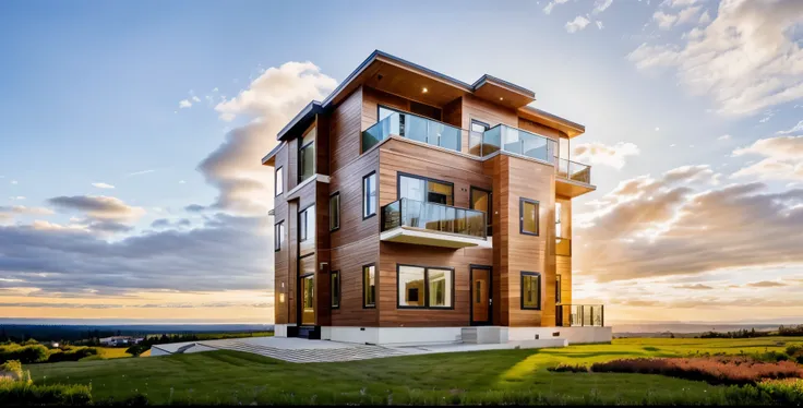 (sun light from the left), arafed ALL IN NEW STYLE The image showcases a modern multi-story (((brown))) house surrounded by well-manicured landscaping.
It features large glass windows that allow ample natural light into the interior spaces.
Wood paneling a...