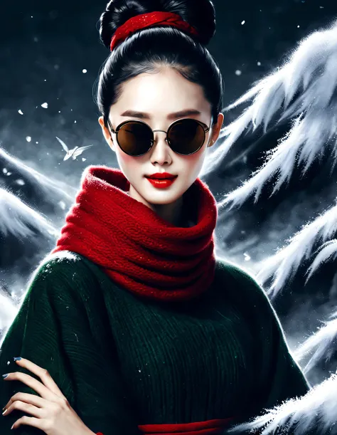 close up，(Modern art fashion character design), Very unified CG, (半身close up), Falling snow background, (Beautiful Chinese girl gentle smile), (The red exaggeratedly large woolen scarf covered half of the face: 1.1), (Dark green sweater jacket: 1.1), (wear...