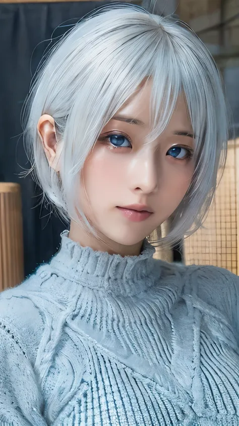 ((High quality)),masutepiece,(Detailed depiction of local details:1.2),1girl in,Blue eyes,large full breasts,Closed mouth,Eyelashes,Looking at Viewer,Portrait,Solo,Upper body,White hair,White knit sweater,Short hair,Silver hair,shairband,Yorha No. 2 Type B...