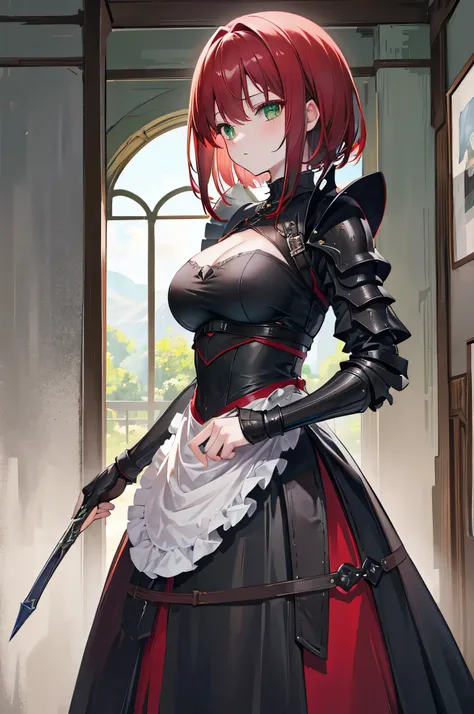 4K,High resolution,one woman,dark red hair,short hair,green eyes,knight,白色のknightの鎧,heavy armor,Maid clothes,castle town