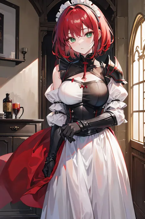 4K,High resolution,one woman,dark red hair,short hair,green eyes,knight,白色のknightの鎧,heavy armor,Maid clothes,castle town