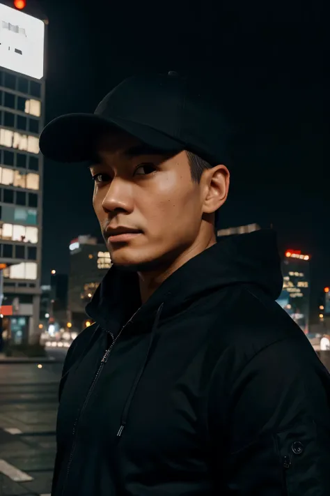 one man, black cap, black hoodie jacket, skyscrapers, night, asian, tall man, handsome man