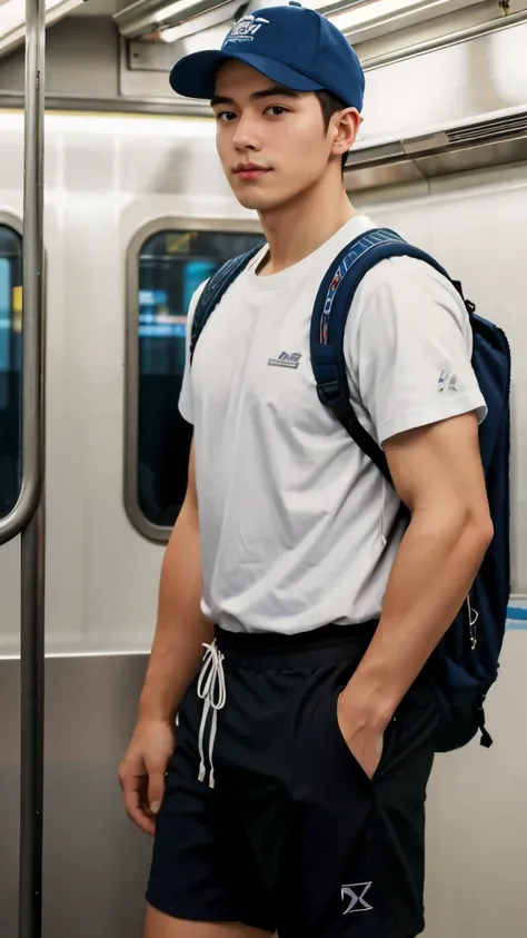 1人，A 20-year-old man in the subway，Standing in a subway car，Ultra-flat head，Blue baseball cap，White skinny sleeveless T-shirt，Wear yours with grey shorts，leg apart，musculous，Handsome，Look at your phone，Wear AirPods，Wear an Apple Watch，Sport backpack，white ...