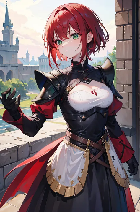 4K,High resolution,one woman,dark red hair,short hair,green eyes,knight,白色のknightの鎧,Maid clothes,heavy armor,castle town