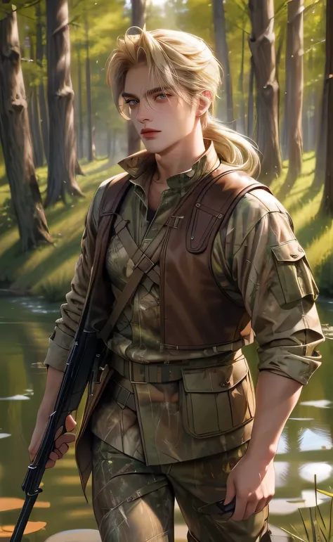 best quality, ((1 person)), light blonde, flowing hair, brown eyes, hunter costume, dog, walking, In the woods, With a hunting gun on your back, broad shoulders, laugh, near the pond, nearby lake, realistic, ultra high definition, 3d rendered, (background:...