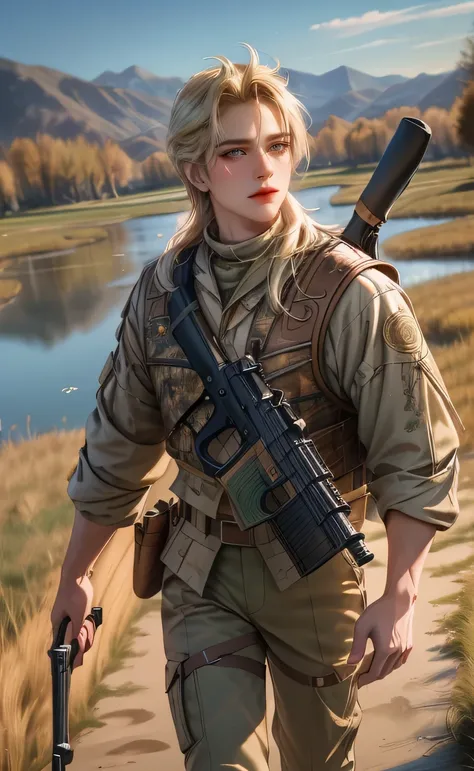 best quality, ((1 person)), light blonde, flowing hair, brown eyes, hunter costume, dog, walking, 도시 background, With a hunting gun on your back, broad shoulders, laugh, near the pond, nearby lake, realistic, ultra high definition, 3d rendered, (background...