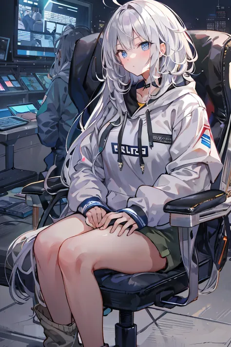 sitting on the chair, perfect female body, 1 girls, 20 years old, long gray hair, white and silver hair, huge ahoge, ^ ^, medium...