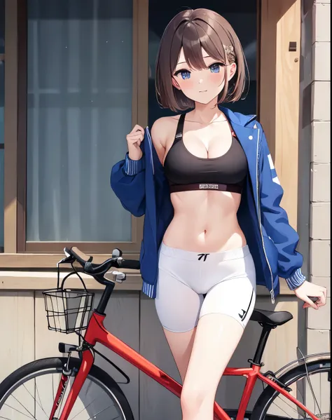 (((masterpiece))), ShizukaMikazuki, 1girl, solo, looking at viewer, short hair, brown hair, long sleeves, cleavage, medium breasts, closed mouth, collarbone, jacket, open clothes, open jacket, blue jacket, ground vehicle, sports bra, bicycle,