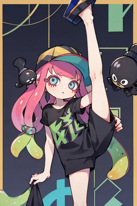 standing on one leg ,leg_lift,1,inkling hair,black t-shirt.hat,standing split