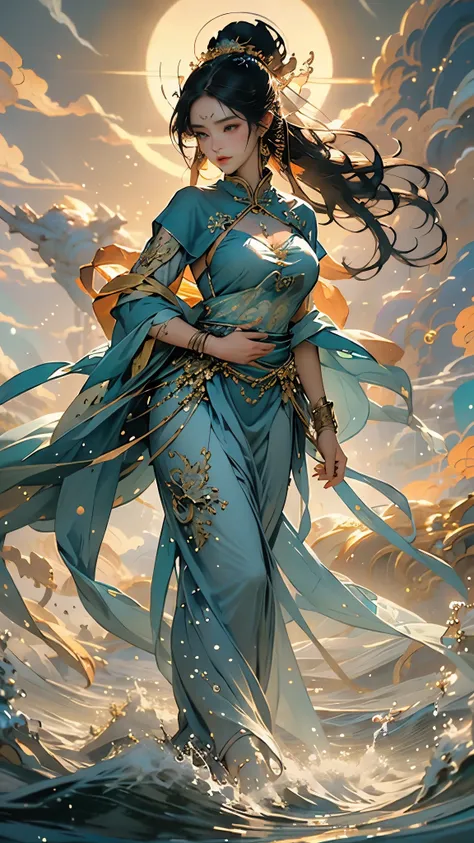 Telling the mythical story of Nuwa patching up the sky，Chinese mythology and stories，She smelt five-color stones to mend the sky；Stopped terrible floods。Deep background，absurd，marvelous and unbelievable，epic composition，(intricate details，Ultra-detailed:1....