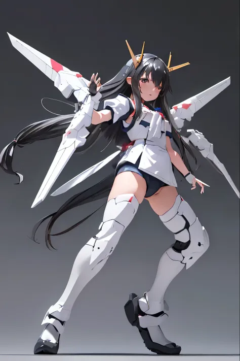 (highest quality)), ((masterpiece)), (very detailed: 1.3), 3D,  {(1 young girl)}, (wear navy buruma and white gym uniform with colored hem under armor:1.2), (black hair:1.5), wears a futuristic Gundam mecha,(heavy armored Gundam), with headgear, with v-fin...