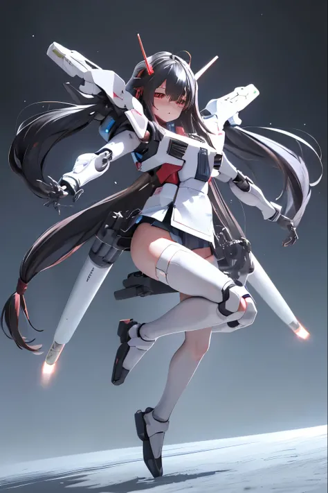 (highest quality)), ((masterpiece)), (very detailed: 1.3), 3D,  {(1 young girl)}, (wear navy buruma and white gym uniform with colored hem under armor:1.2), (black hair:1.5), wears a futuristic Gundam mecha,(heavy armored Gundam), with headgear, with v-fin...