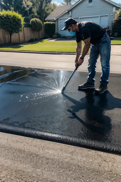 "Generate a detailed description for a realistic image showcasing a professional worker applying blackmac asphalt oil-based sealer on a residential driveway. The worker should be using a sealcoating spray wand, and the image should convey a sense of precis...