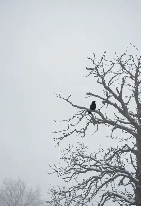 Photo of a cloudy gray sky, one dry tree branch is visible on the right, raven sitting on a branch, snowfall overhead, under a gray foggy sky, gray sky with patches of snow, uneven sky tone, natural light on a cloudy day, wide angle low angle shot, from bo...