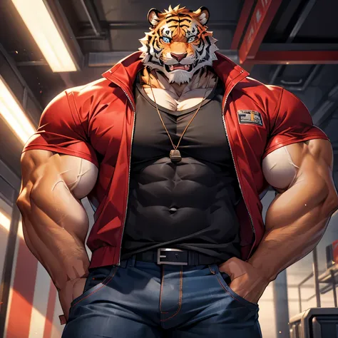 muscular furry humanoid tiger with bodybuilder builds, wearing inner layer long sleeve black t-shirt and outer layer short sleev...