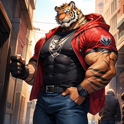 muscular furry humanoid tiger with bodybuilder builds, wearing inner layer long sleeve black t-shirt and outer layer short sleev...