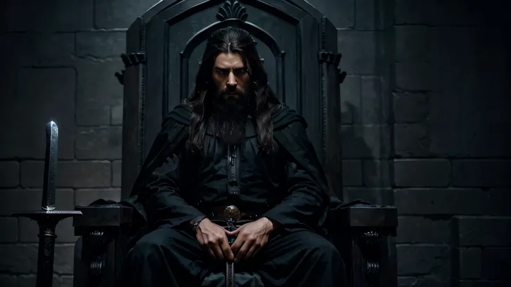 dark mysterious majestic man, suffering, a king, sitting on his throne, long shot, beard, crown, black cloak, black clothes, moves forward his sword raised in a powerful display of force and strength, dark and myterious throne room
