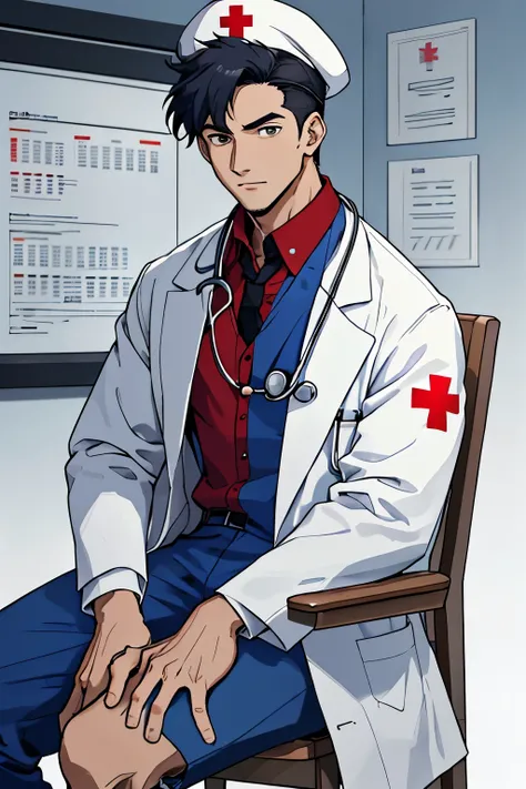 Cinematic Still of a Cartoon Doctor, wearing a pristine white coat with a stethoscope hanging around his neck. Best quality (1.2), doctor with a serious expression, wielding a medical chart in one hand and a pen in the other, white lab coat with red cross ...