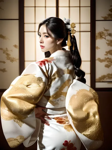 (Beautiful model in Japanese kimono commercial, beautiful straight long black hair), alone, ((face is 80% beauty and elegance, 20% pretty and cute:1.5)), clear eyes, (fine eyes, light green eyes, bright pupils), double eyelid, (Slightly thick and sexy lips...