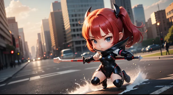 masutepiece、top-quality、ultra-detailliert、(Chibi、Cutie Honey in Anime、fighting poses、Red shorthair、Red and black wetsuit),Urban city