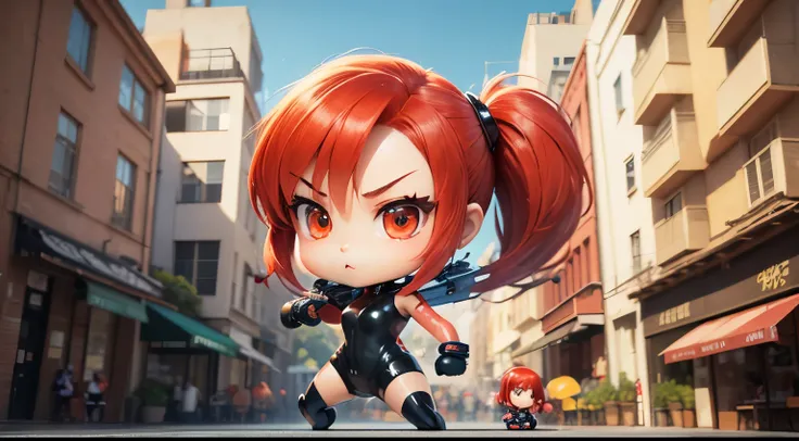 masutepiece、top-quality、ultra-detailliert、(Chibi、Cutie Honey in Anime、fighting poses、Red shorthair、Red and black wetsuit),Urban city