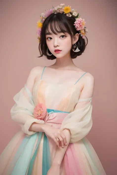 dried flower、Japan Beautiful Girls。Produces high-quality female images with an innovative artistic atmosphere that stands out in pastel colors。She has her own fashion style、Dressed in glamorous and soft pastel costumes。Against the background of a fantastic...