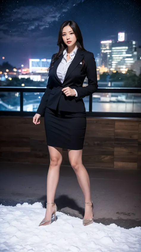 (masutepiece,High quality,16k:1.1),(depth of fields:1.3) ,((front body:1.35)),Japanese ,mature Woman, ((business suit, pencil skirt)), huge breasts, voluptuous, thicc, curvy,(Looking at Viewer:1.3),(full body shot:1.2),(snowing:1.2),(Beautiful night view o...