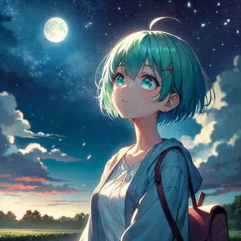 Mizuha&#39;s high quality 2D anime illustrations, A 15-year-old girl with bright mint green short hair styled slightly upwards in the front., and bright green eyes, Looking up at the starry sky, indulge in thoughts and dreams. The scene is quiet and moving...