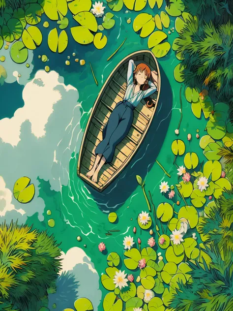 Draw a tintin style anime simple top aerial art of a girl lying down in  boat in a lake full of lily leaves, algae, greenery, bright, shade, claer water, pebbles visible in lake bed, trees, shade, clouds, beautiful sky, beautiful color palette,