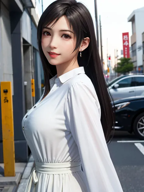 (top quality, masutepiece: 1.1), (Realistic: 1.3), BREAK (((FF7,Tifa_lockhart))),(solo,Tifa:1.2),(japanese ,white large shirt dress, button-down shirt:1.1) ,(tokyo,city, outdoor,behind showroom),(cute pose:1.3),Ultra-detailed face, Detailed eyes,Red eyes, ...