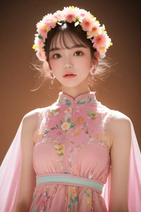 dried flower、Japan Beautiful Girls。Produces high-quality female images with an innovative artistic atmosphere that stands out in pastel colors。She has her own fashion style、Dressed in glamorous and soft pastel costumes。Against the background of a fantastic...