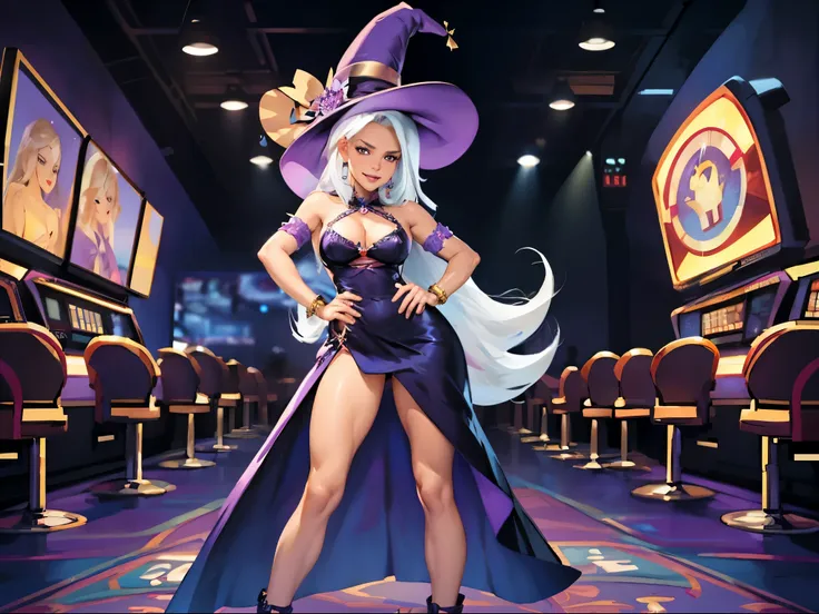 trixie from my little pony ,trixie as a girl , female body , Slender body , las vegas , inside casino, casino in background ,wear blue witch hat , wear cape , wear witch dress, stands , her hand pointing to viewer , wicked smile , posing , very long hair ,...