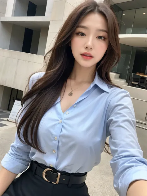 (Best quality, High resolution, Masterpiece :1.3), A tall and pretty woman, Slender abs, Dark brown hair styled in loose waves, Breasts, Wearing pendant, White button up shirt, Belt, Black skirt, (Modern architecture in background), Details exquisitely ren...