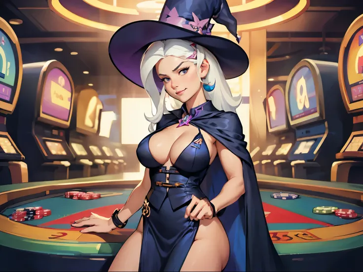 trixie from my little pony ,trixie as a girl , female body , Slender body , las vegas , inside casino, casino in background ,wear blue witch hat , wear cape , wear witch dress,  sit behind poker table , wicked smile , posing , very long hair , erotic ,full...