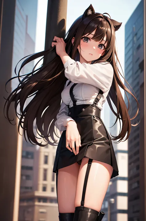 brown hair、looking at the viewer　　suspenders　　　Bulging big breasts　　 　 　　　　Black miniskirt　garter belt　knee high socks　　　　　　Gaze　　　small face　bangs 　　　　　Beauty　　hands up　　 　Gaze 　black boots 　provocation　　armpit sweat　one person 　　put your hands behind you...