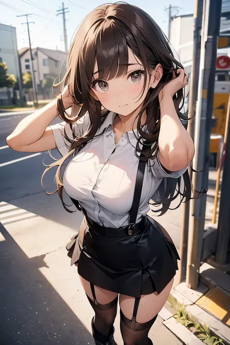 brown hair、looking at the viewer　　suspenders　　　Bulging big breasts　　 　 　　　　Black miniskirt　garter belt　knee high socks　　　　　　Gaze　　　small face　bangs 　　　　　Beauty　　hands up　　 　Gaze 　black boots 　provocation　　armpit sweat　one person 　　put your hands behind you...