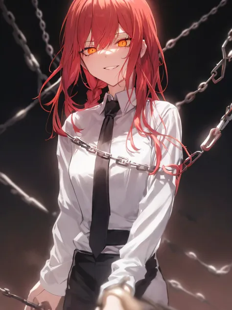 makima (chainsaw man), best quality, ultra detailed, 1girl, solo, standing, red hair, long braided hair, golden eyes, bangs, medium breasts, white shirt, necktie, stare, smile, (evil:1.2), looking at viewer, (interview:1.3), (dark background, chains:1.3)