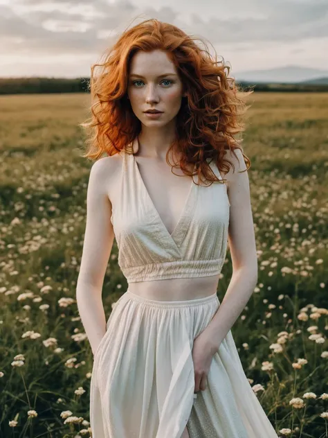 1woman in, age35, Solo, Aesthetic artwork, irish  redhead, wavy ginger hair, shoulder length ginger hair, some small freckles, pale skin, small breasts, runners body, fullbody shot, imperfect skin, goosebumps, teenager fashion, beautiful nature location, a...