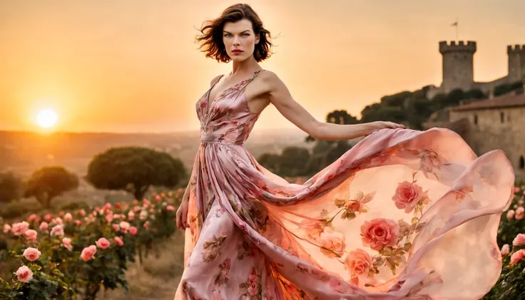 Beautiful girl "Milla Jovovich", full body dress Rose flower silk dress delicate and beautiful, em um cenario mediaval, em frente ao castelo, com um lindo pôr do sol ao fundo.