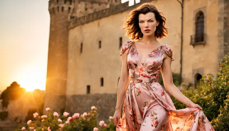 Beautiful girl "Milla Jovovich", full body dress Rose flower silk dress delicate and beautiful, em um cenario mediaval, em frente ao castelo, com um lindo pôr do sol ao fundo.