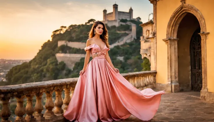 Beautiful girl "Jennifer Lopes", full body dress Rose silk dress delicate and beautiful, em um cenario mediaval, em frente ao castelo, com um lindo pôr do sol ao fundo.