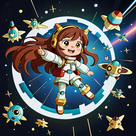 Girl with long brown hair，Put on the Gundam Robot Suit，flying in space and time（In flight)（Time and space tunnel），（There is love）happy，Surrounded by love，Surrounded by love，O sign，vector，line art，design，inspiration，straight line，RHAD