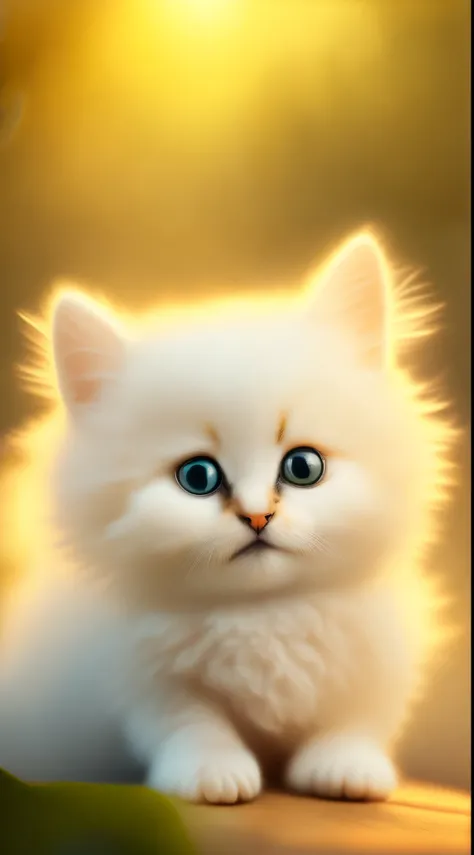 Very cute fluffy white tropical punk kitten, professional lighting, depth of field 8k, golden magic hour, professional photography, octane rendering, ultra realistic - amazing sunlight, dynamic composition, photography, sharp focus, bokeh