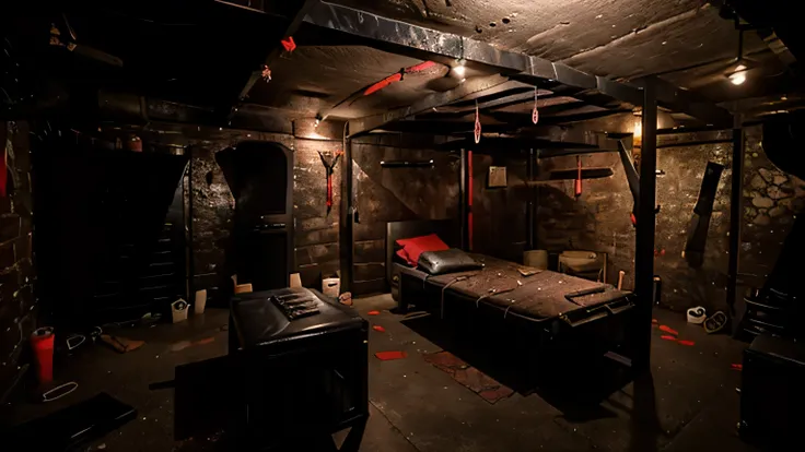 dirty basement, torture dungeon, dimly lit and grimy, matress on floor, blood splatter and rust