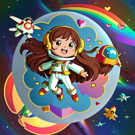 Girl with long brown hair，Put on the Gundam Robot Suit，flying in space and time（In flight)（rainbow），（There is love）happy，Surrounded by love，Surrounded by love，O sign，vector，line art，design，inspiration，straight line，RHAD