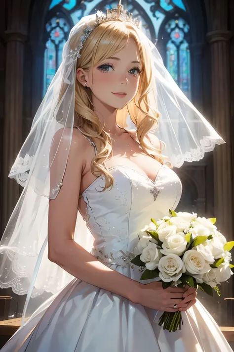 beautiful blonde woman　white veil on the face　wedding dress　bouquet in hand　smile　look at the audience　church　sunlight