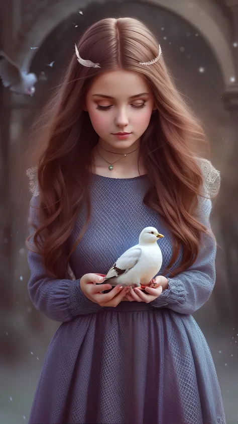 there is a woman holding a bird in her hands, by Lucia Peka, realistic fantasy photography, in style of anne stokes, realistic digital art, holding a white duck, beautiful digital artwork, photo manipulation, portrait of magical young girl, white dove, ins...