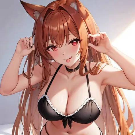 (best quality,highres,masterpiece:1.2),ultra-detailed, long_the hair, doggy hor ears, Brown the hair, through bangs, Red eyed, smile, doggy_girl, Avak, mediuml breasts, The face is red, Upp_body, the hair_between_eyed, exceedingly_long_the hair, deactivate...